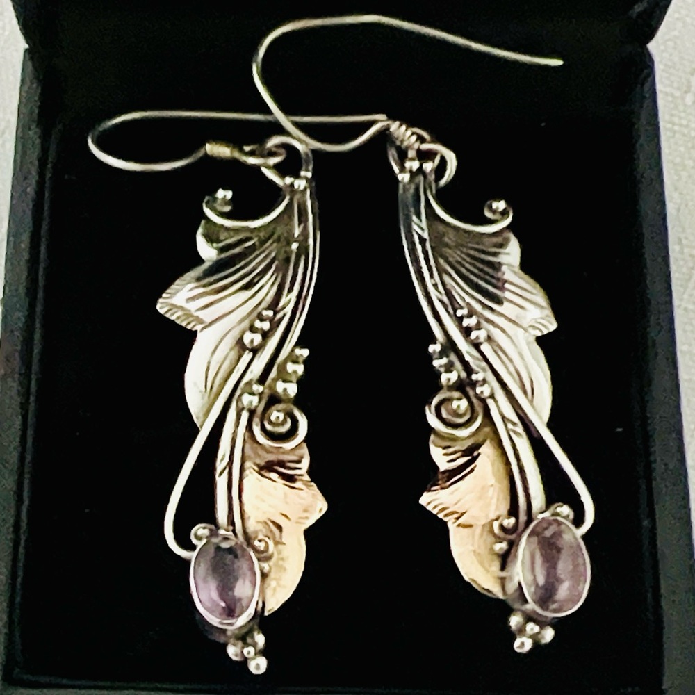 Elegant Sterling Silver and Gold Leaf Earrings - Picture 2 of 10